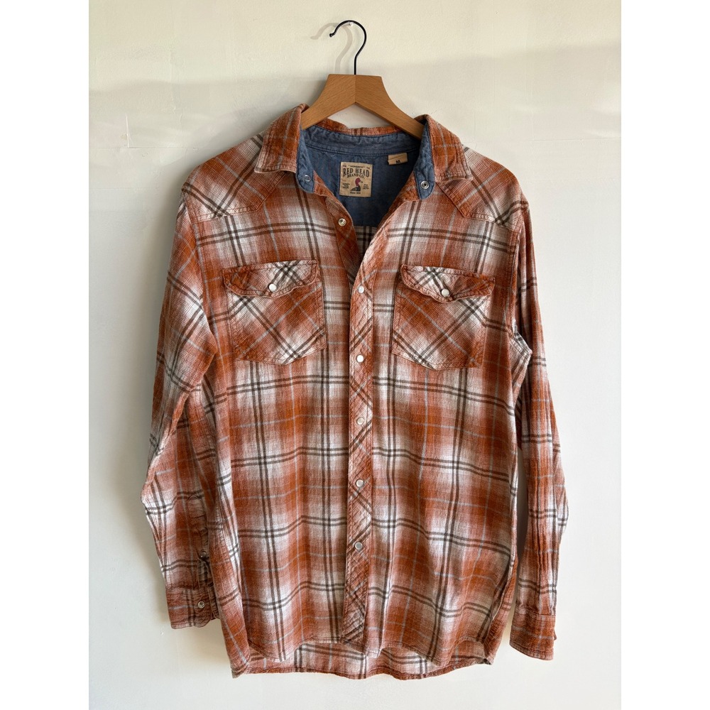 RedHead Men Orange Plaid Cotton Linen Western Pearl Snap Cabincore long sleeve M